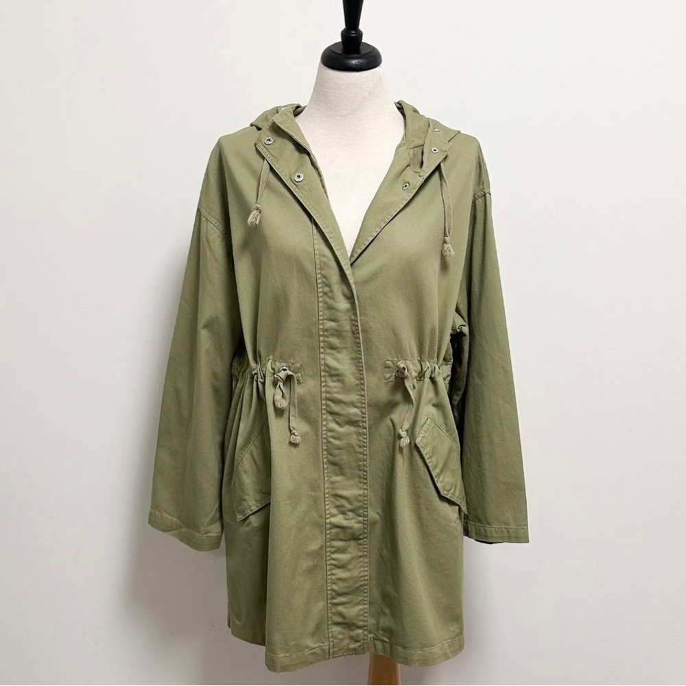 Asos Moss Army Green Snap Button Hooded Parka Waist Cinch Cords Oversized EUC 8